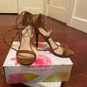 Brown open toe heel shoes, size 8, 4 inch heel, wrap around ankle laces, new